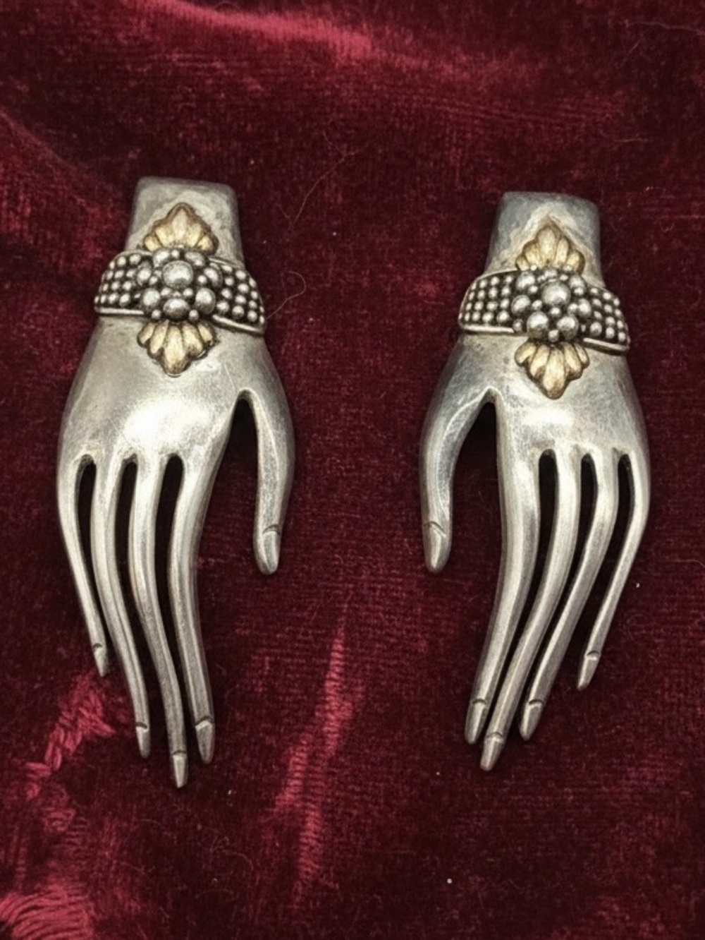 Vintage Sterling Silver Hand Earrings, Creepy Gothic Hands, Two Tone Floral